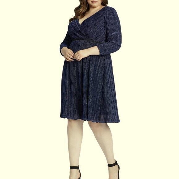 Mac Duggal Sapphire Blue Metallic Long Sleeve Midi-Dress - Picture 1 of 2